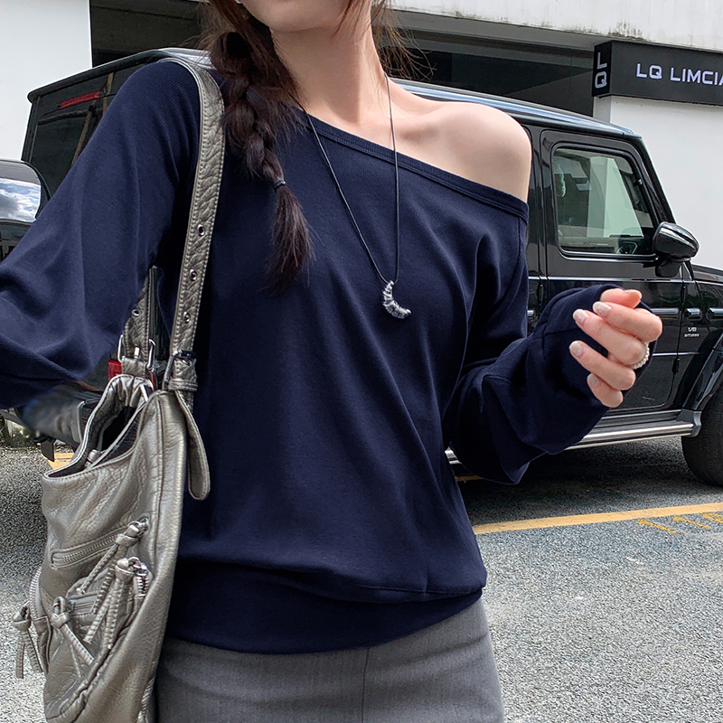 韓系斜領露肩不規則長袖T恤(5色)