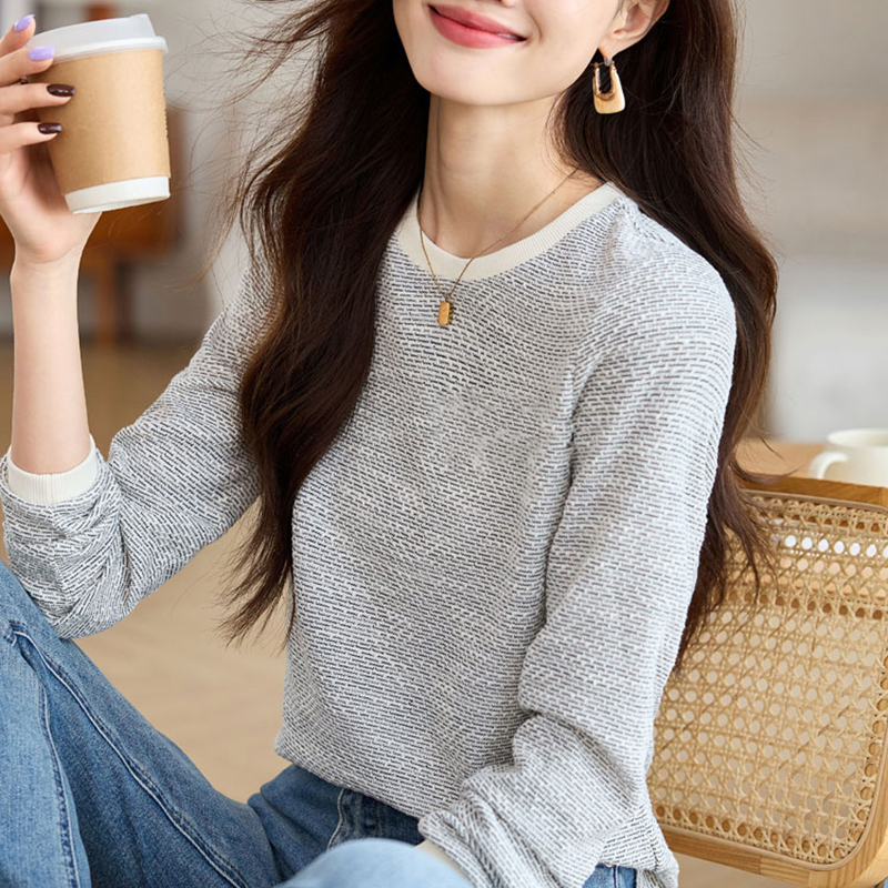 撞色小香風直筒寬鬆針織長袖T恤