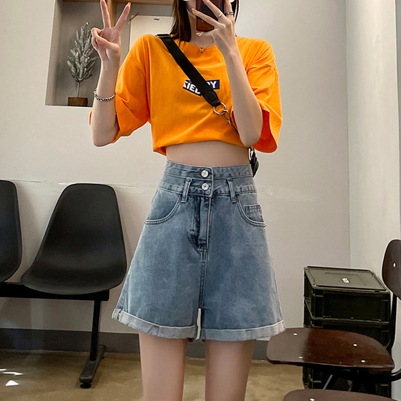 韓系高腰兩粒扣A字牛仔短褲