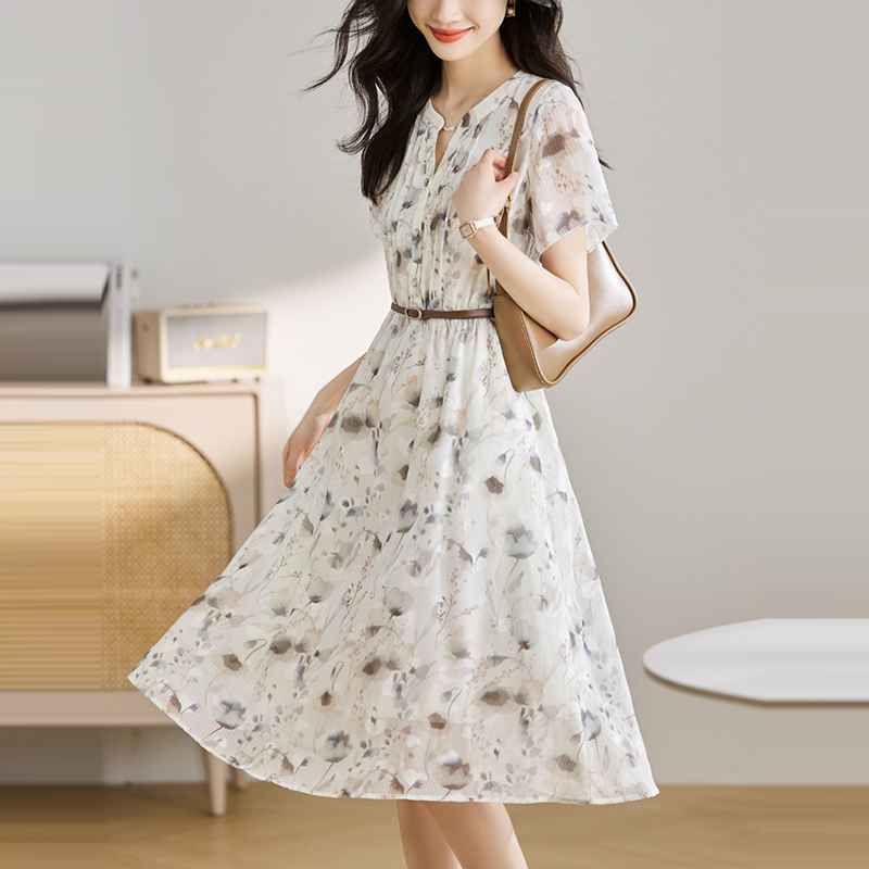 法式桔梗水墨印花收腰連身裙【贈皮帶】