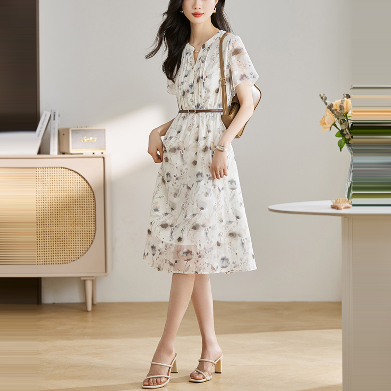 法式桔梗水墨印花收腰連身裙【贈皮帶】