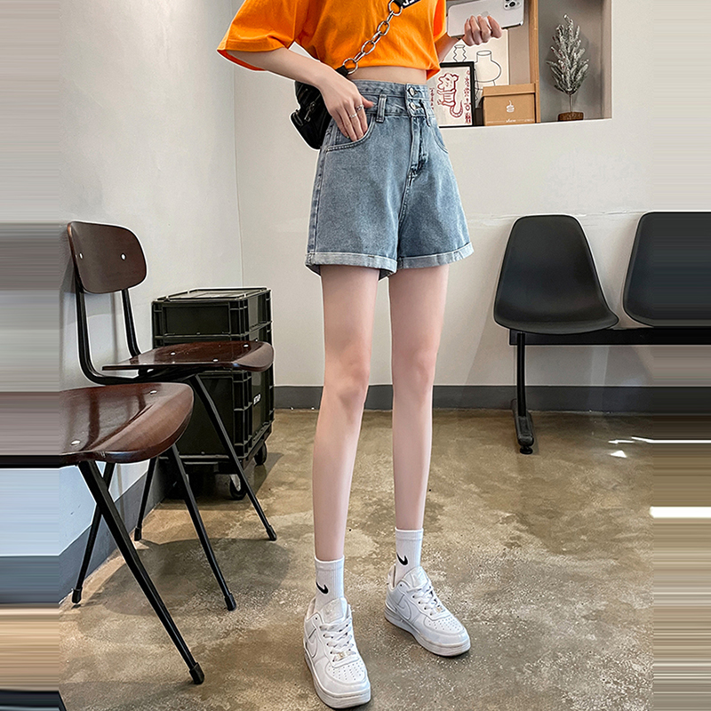 韓系高腰兩粒扣A字牛仔短褲