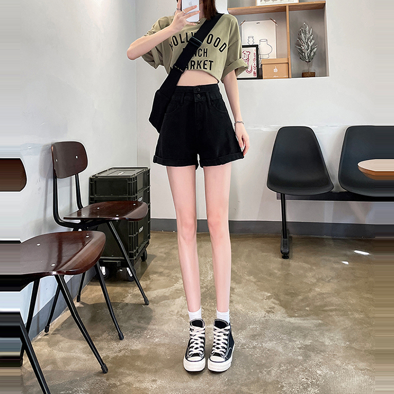 韓系高腰兩粒扣A字牛仔短褲