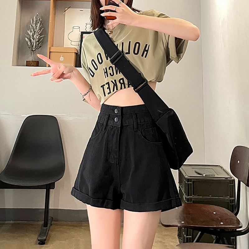 韓系高腰兩粒扣A字牛仔短褲