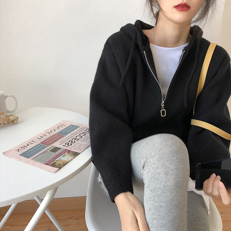 韓系連帽領長袖拉鍊針織開襟衫(4色)
