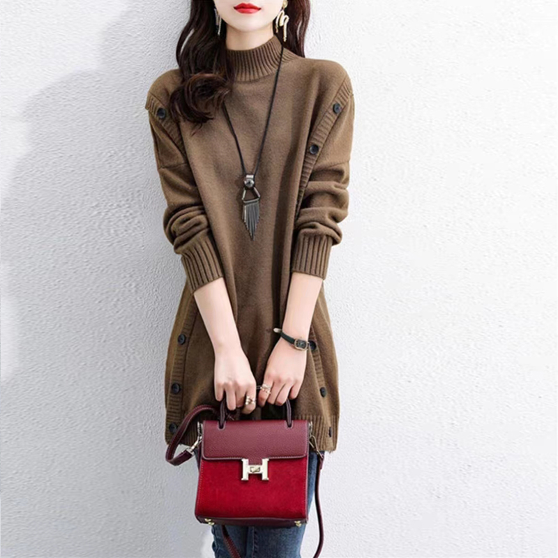 法式時尚寬鬆半高領顯瘦遮肚針織毛衣連身裙(2色)