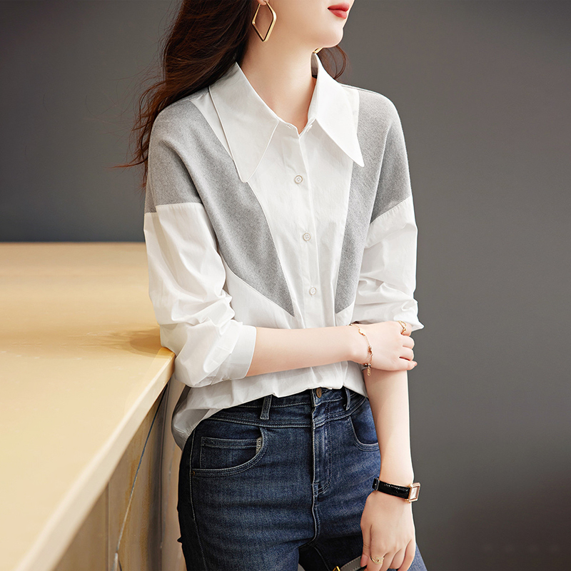 休閒舒適寬鬆撞色拼接長袖襯衫