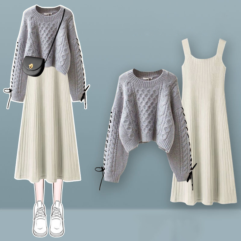 法式桔梗設計感針織毛衣無袖連身裙兩件套(3色)