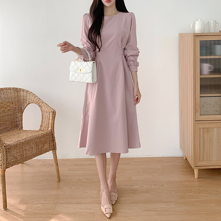 韓系氣質圓領燈籠七分袖別緻收腰顯瘦連身裙(2色)