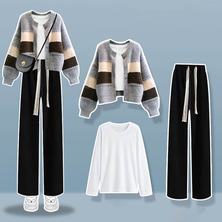 洋氣針織開襟衫+白色長袖T卹+顯瘦休閒寬褲三件套(4色)