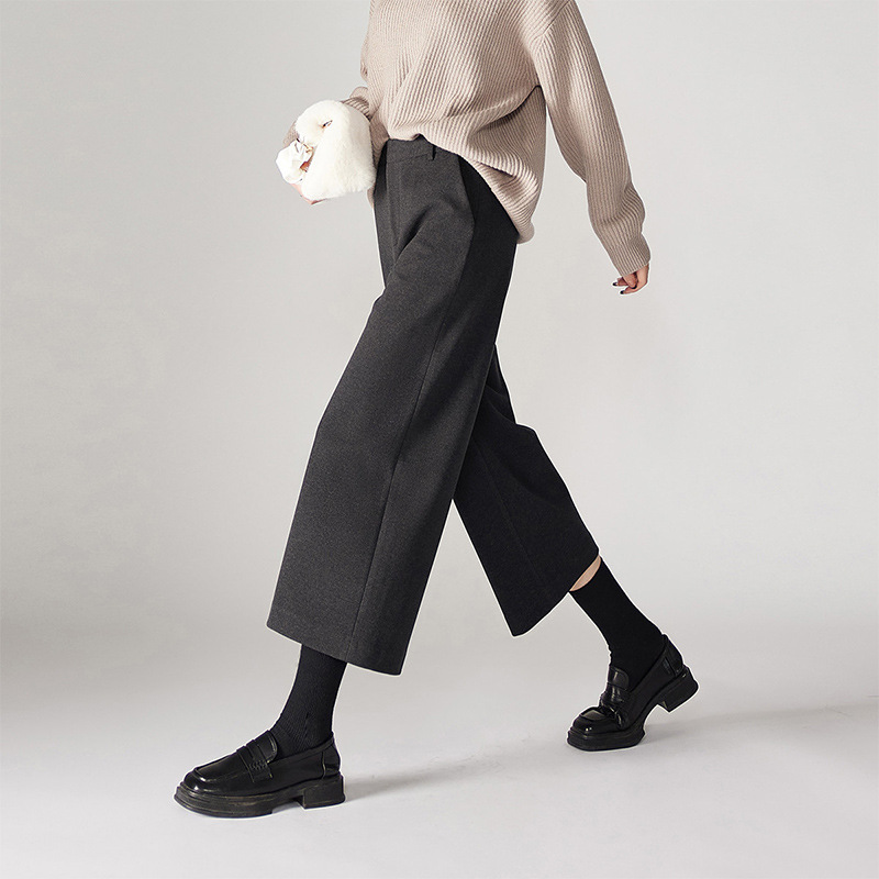 時尚仿毛呢斜紋軟糯拉毛保暖八分闊腿褲(3色)