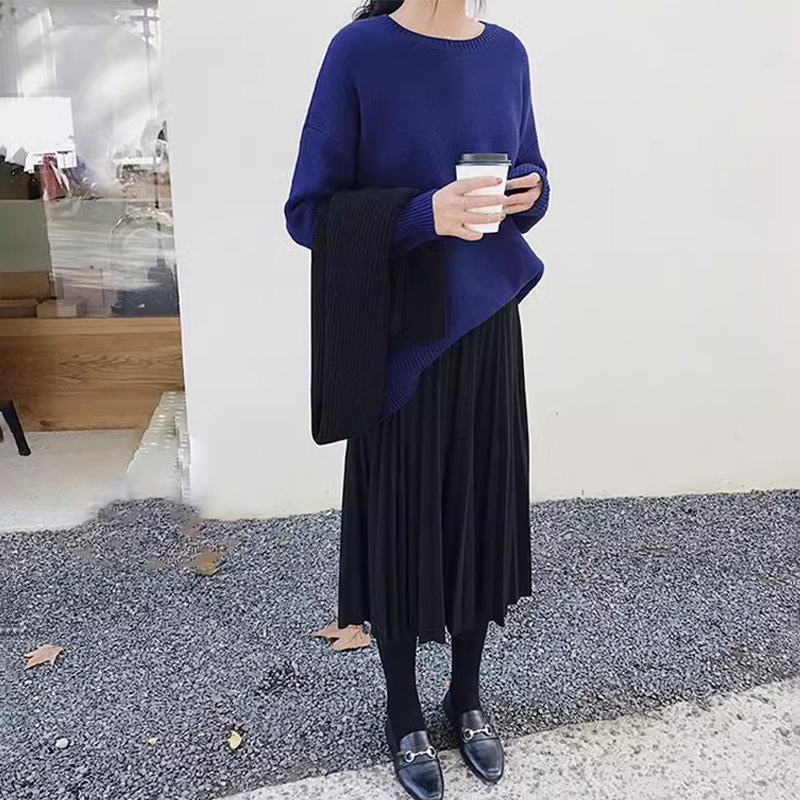 A字百褶鬆緊高腰中長款半身裙(3色)