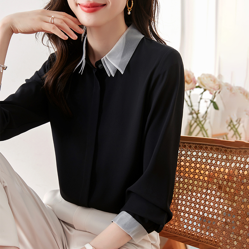 小眾復古拼色POLO領疊穿燈籠袖襯衫