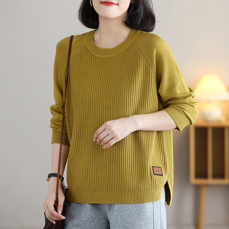 圓領插肩袖下擺開叉針織衫