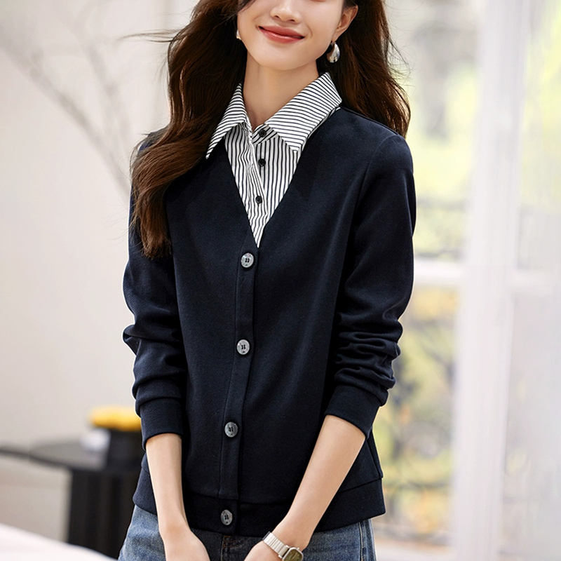 簡約POLO領假兩件條紋拼接襯衫