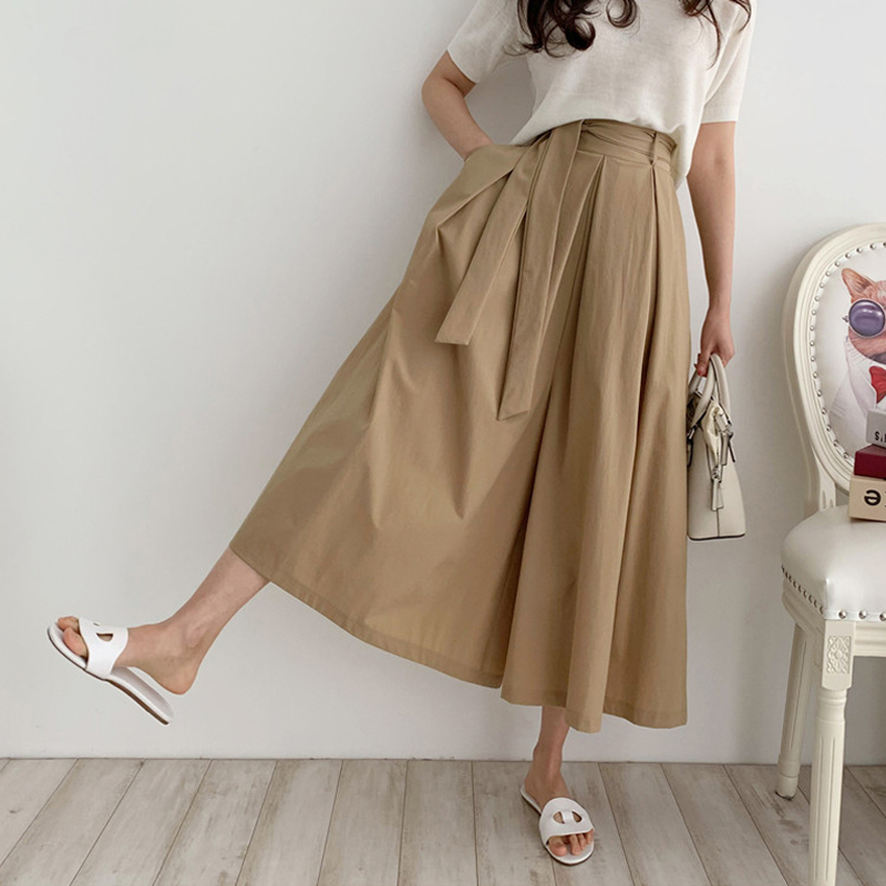 復古繫帶半鬆緊高腰中長款半身裙(2色)