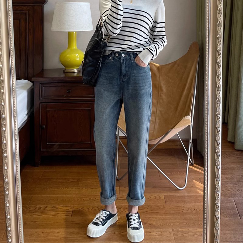 柔軟舒適高腰哈倫九分牛仔褲