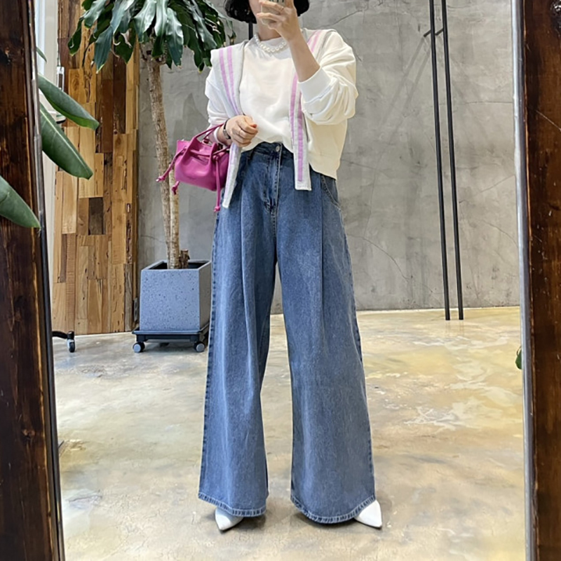 復古百搭壓褶高腰顯瘦闊腿牛仔褲