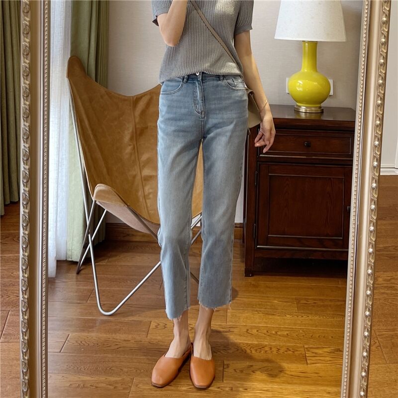 洋氣薄款高腰直筒彈性九分牛仔褲