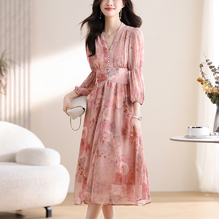 優雅收腰燈籠袖碎花連身裙