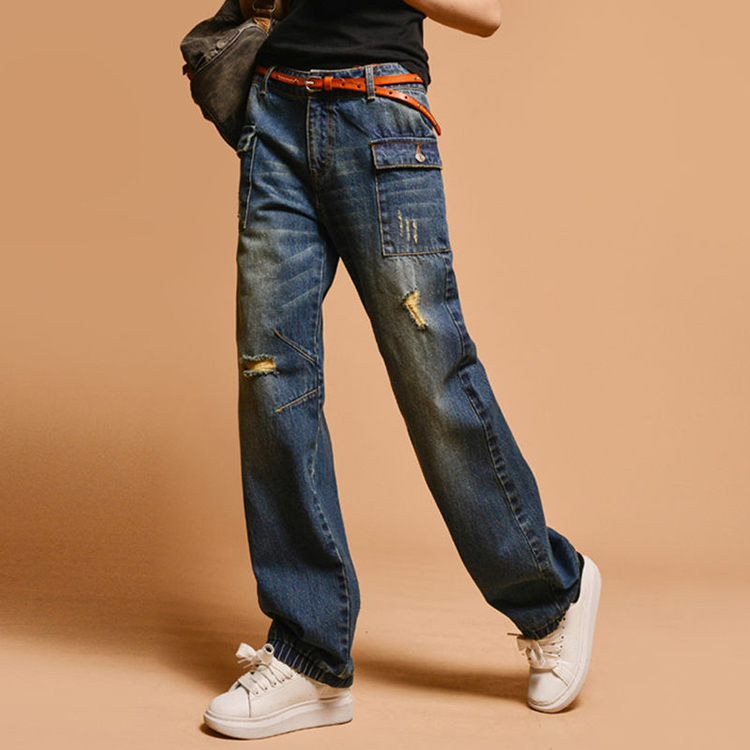 復古高腰大兜水洗磨破燈籠牛仔褲