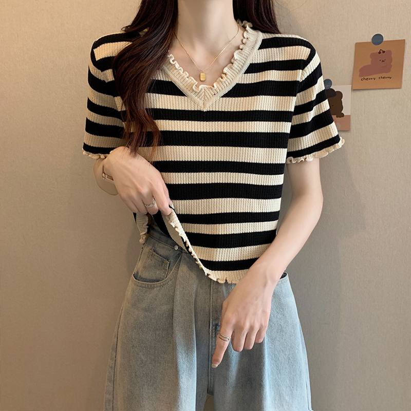條紋木耳邊條紋短袖針織T恤(2色)