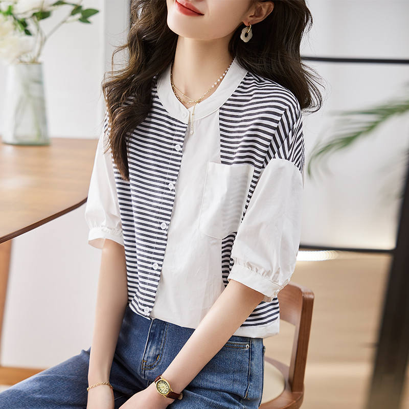 簡約休閒拼接條紋五分袖襯衫