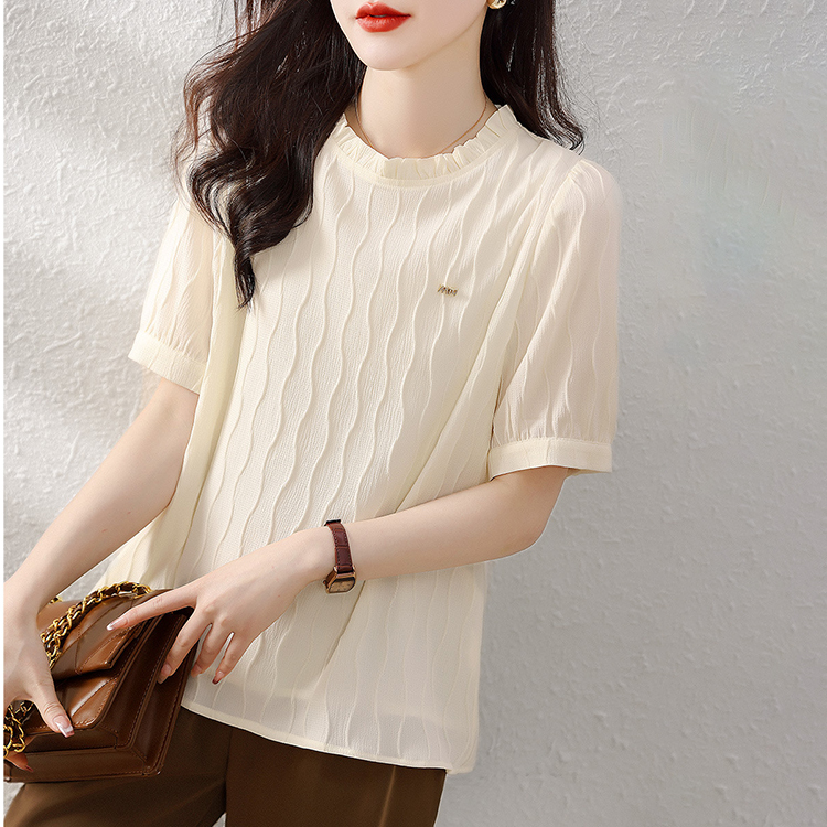 法式優雅木耳邊肌理壓花短袖小衫