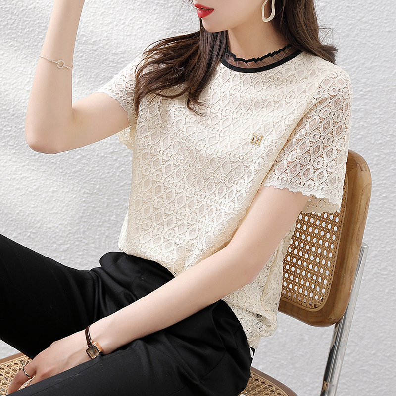 簡約百搭撞色蕾絲圓領短袖T恤