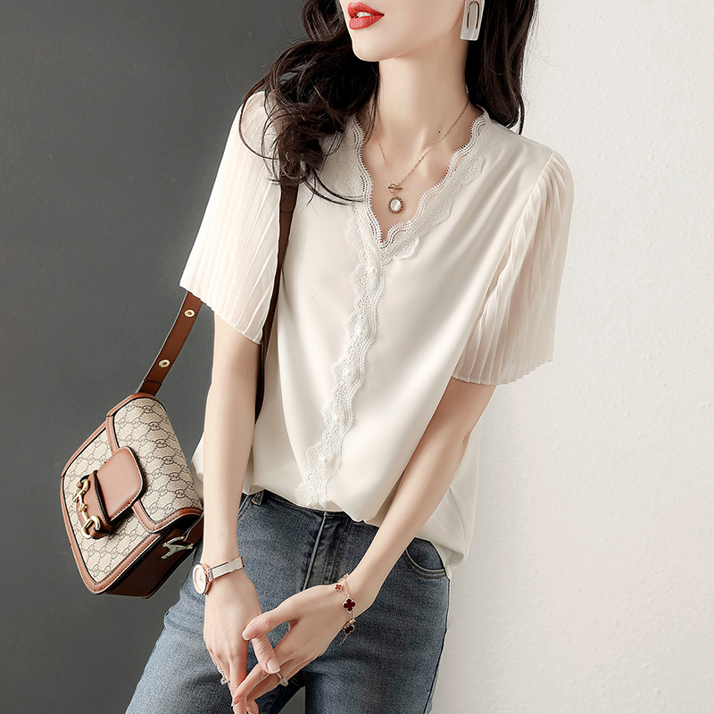 韓式洋氣拼接蕾絲V領短袖小衫
