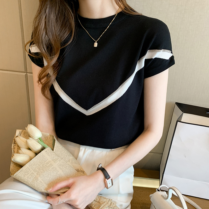 簡約圓領撞色連肩短袖針織衫