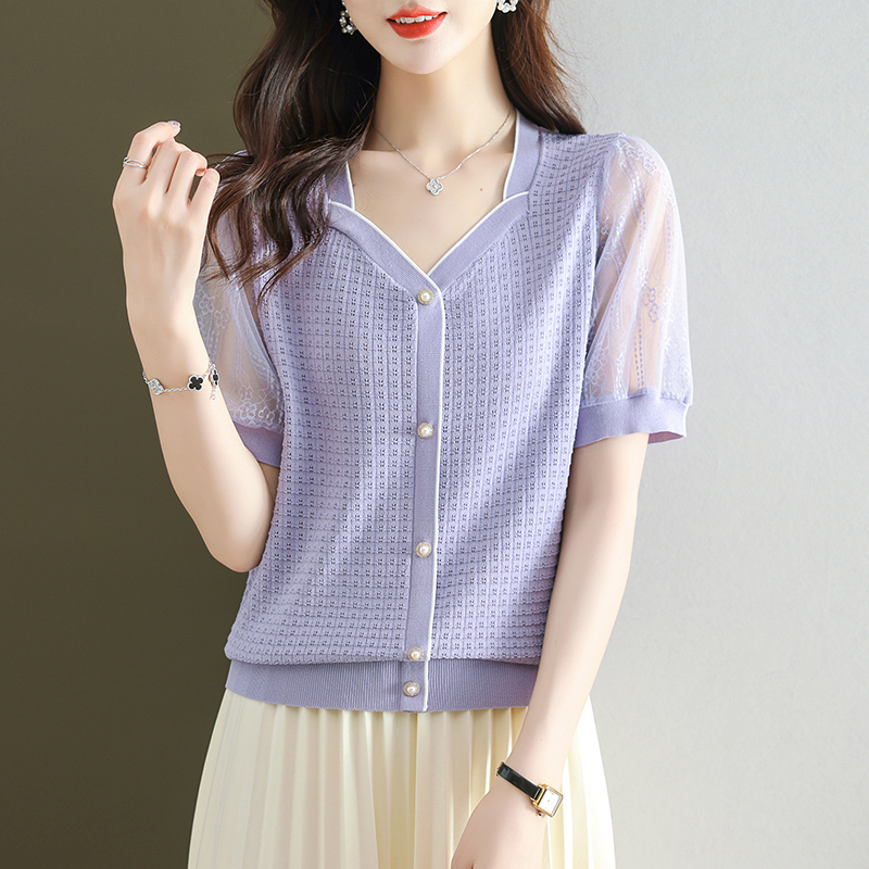 法式方領拼接蕾絲短袖T恤小衫(4色)