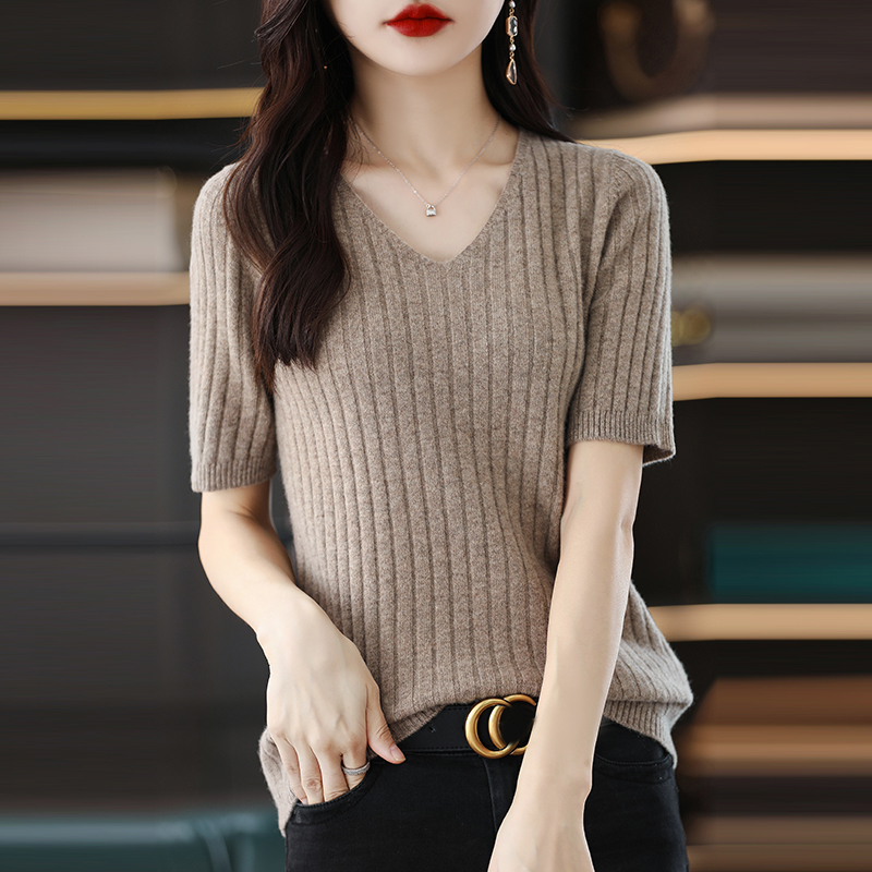 簡約V領薄款短袖針織衫(5色)
