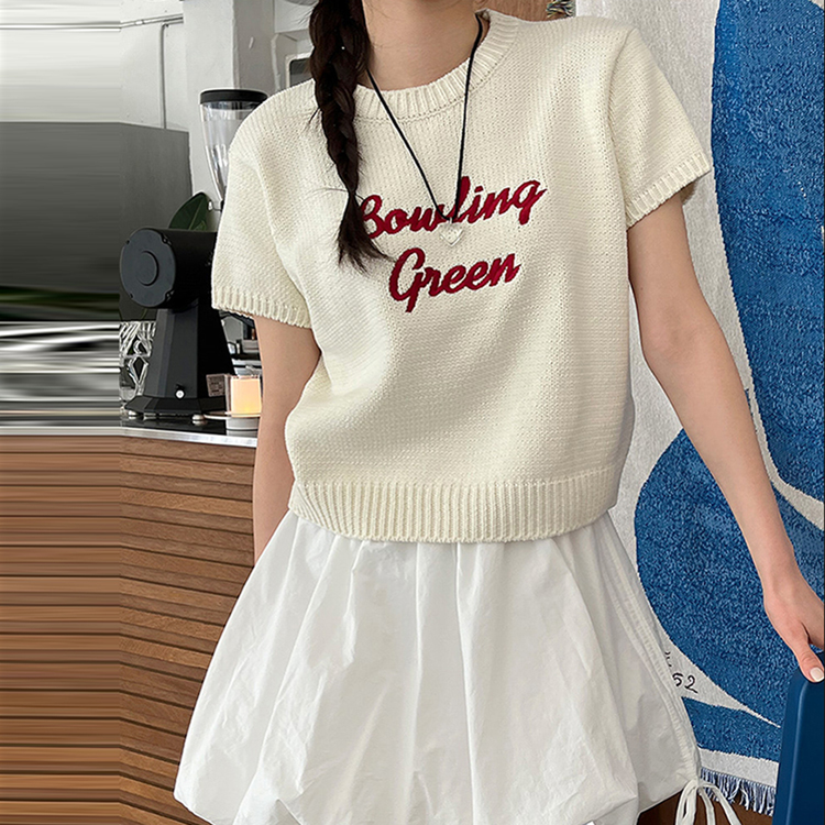 韓系百搭重工刺繡薄款短袖針織衫(2色)