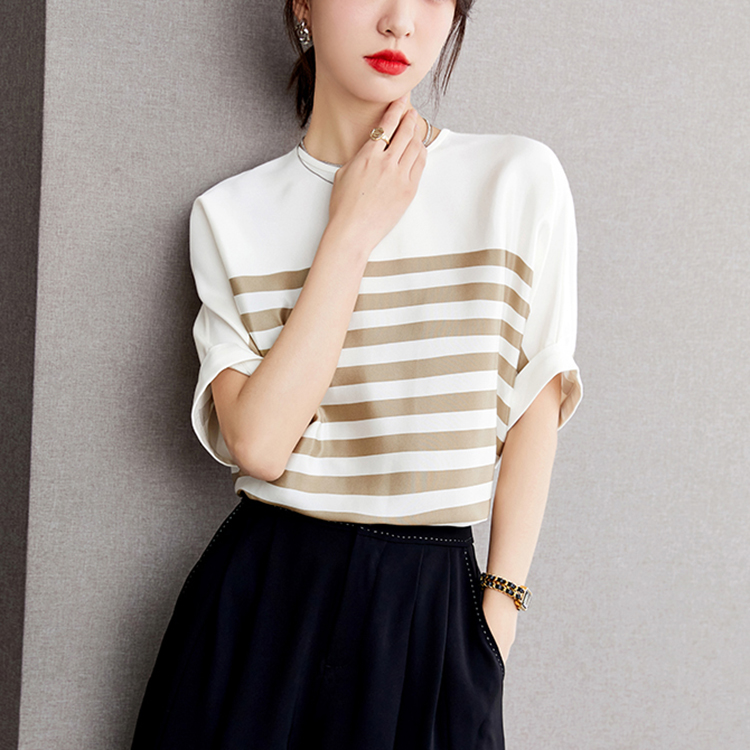 優雅條紋圓領落肩短袖小衫
