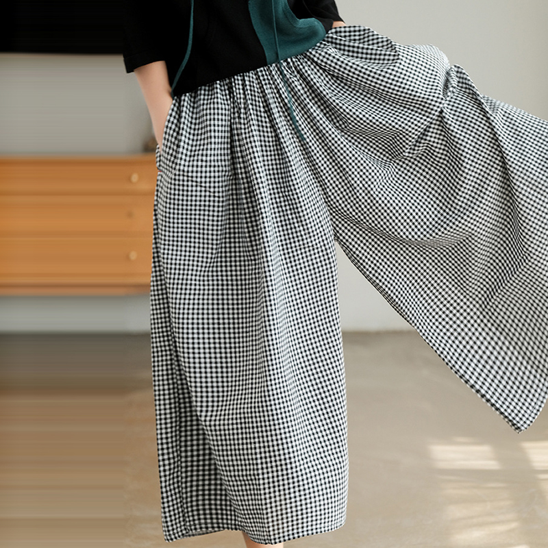 舒適休閒棉麻格紋闊腿褲裙(4色)