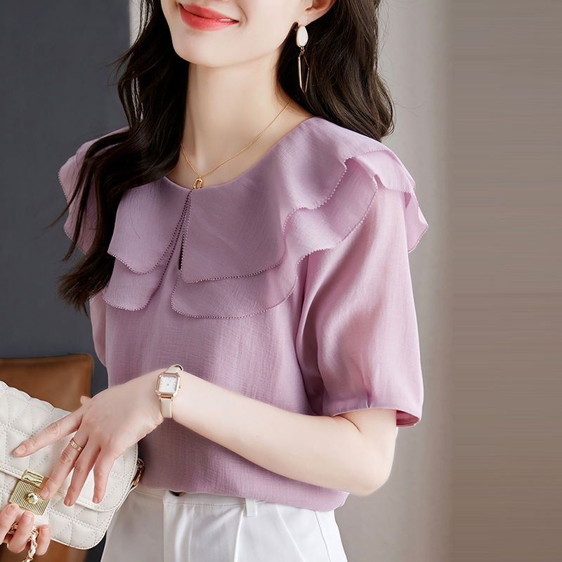 設計感小眾紫色荷葉領短袖小衫