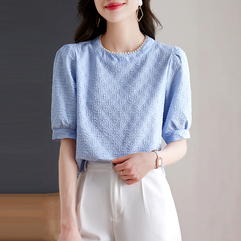 釘珠圓領立體壓皺泡泡短袖小衫