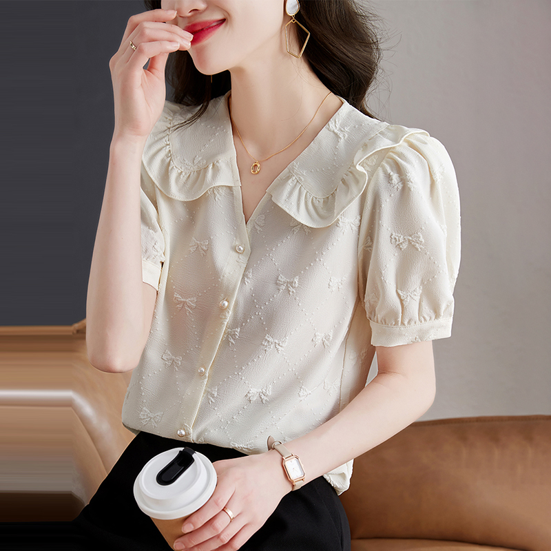 韓系V領立體蝴蝶結泡泡短袖襯衫