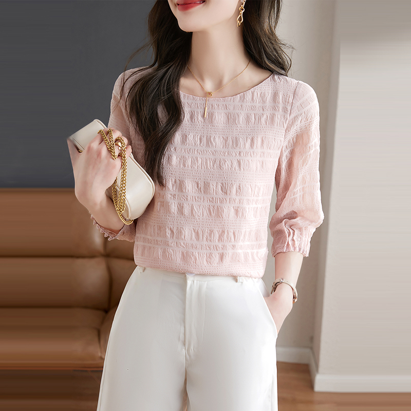 甜系圓領壓褶皺七分袖小衫