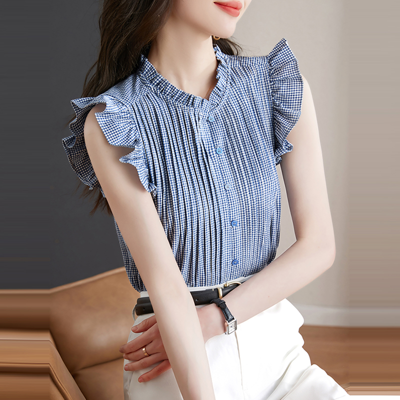 法式半開領格子荷葉邊無袖襯衫