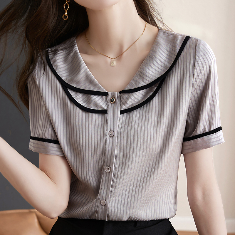 休閒V領撞色條紋短袖襯衫