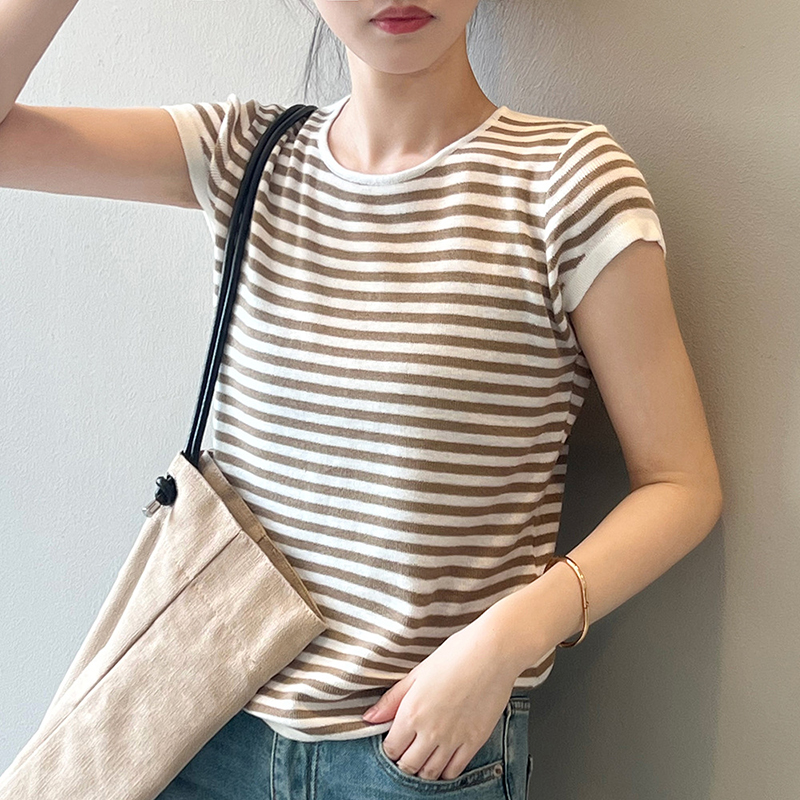 春夏新款撞色條紋圓領短袖T恤(2色)