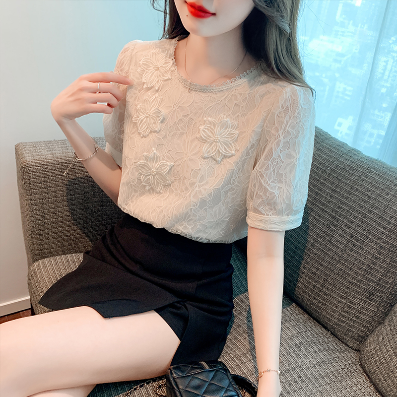 小眾復古圓領蕾絲泡泡短袖小衫