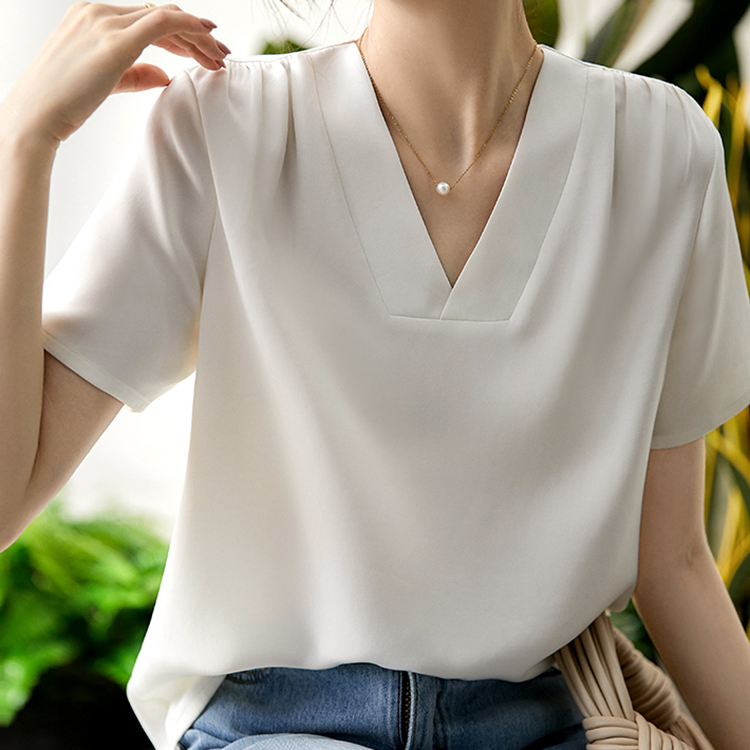 優雅經典V領肩部褶飾短袖T恤(2色)