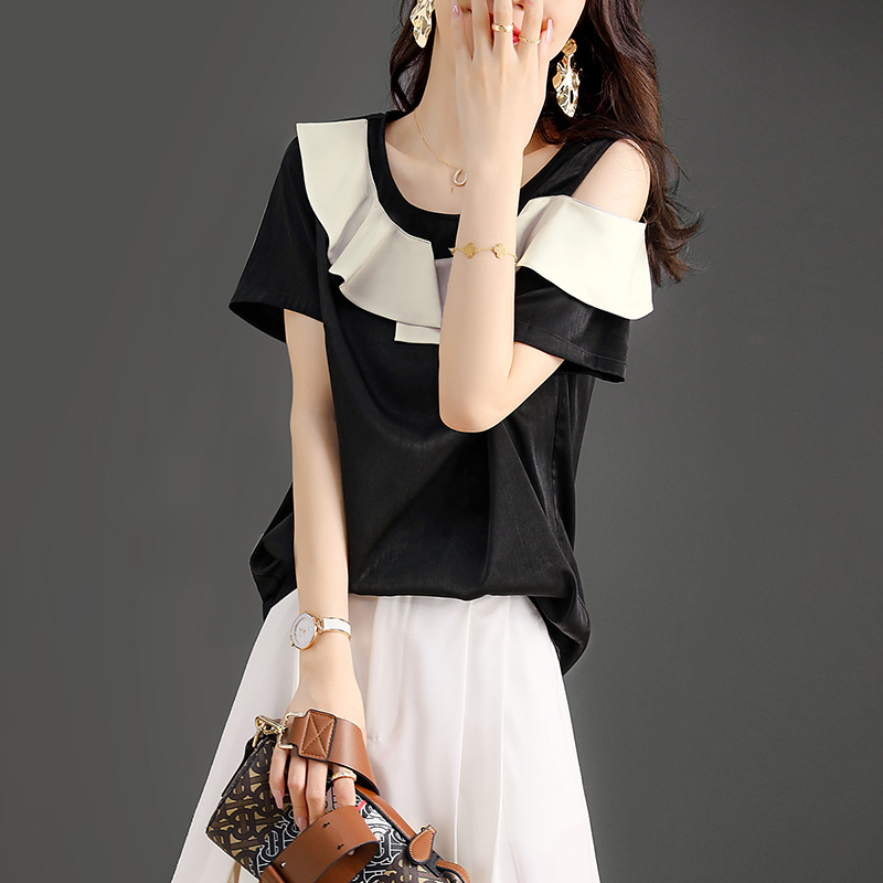 時尚圓領露肩荷葉邊設計短袖T恤