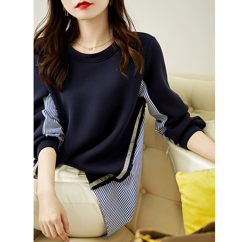 條紋拼接後背單排扣設計寬鬆衛衣