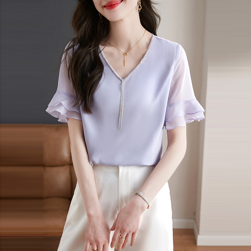 別緻鏈條V領透視荷葉喇叭短袖小衫