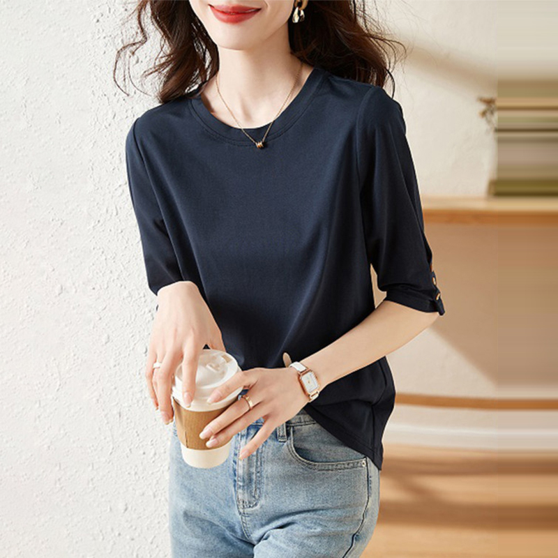 時尚圓領羈扣設計五分袖T恤