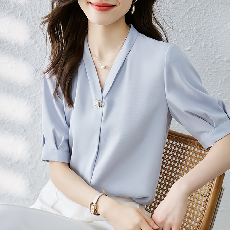 韓系百搭V領短袖襯衫(3色)